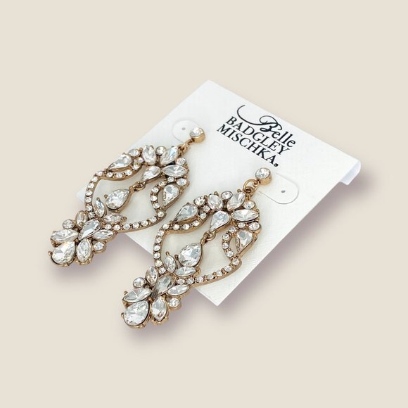 NEW Badgley Mischka Gold Crystal Drop Earrings Art Deco Bridal Chandeliers - Picture 2 of 5